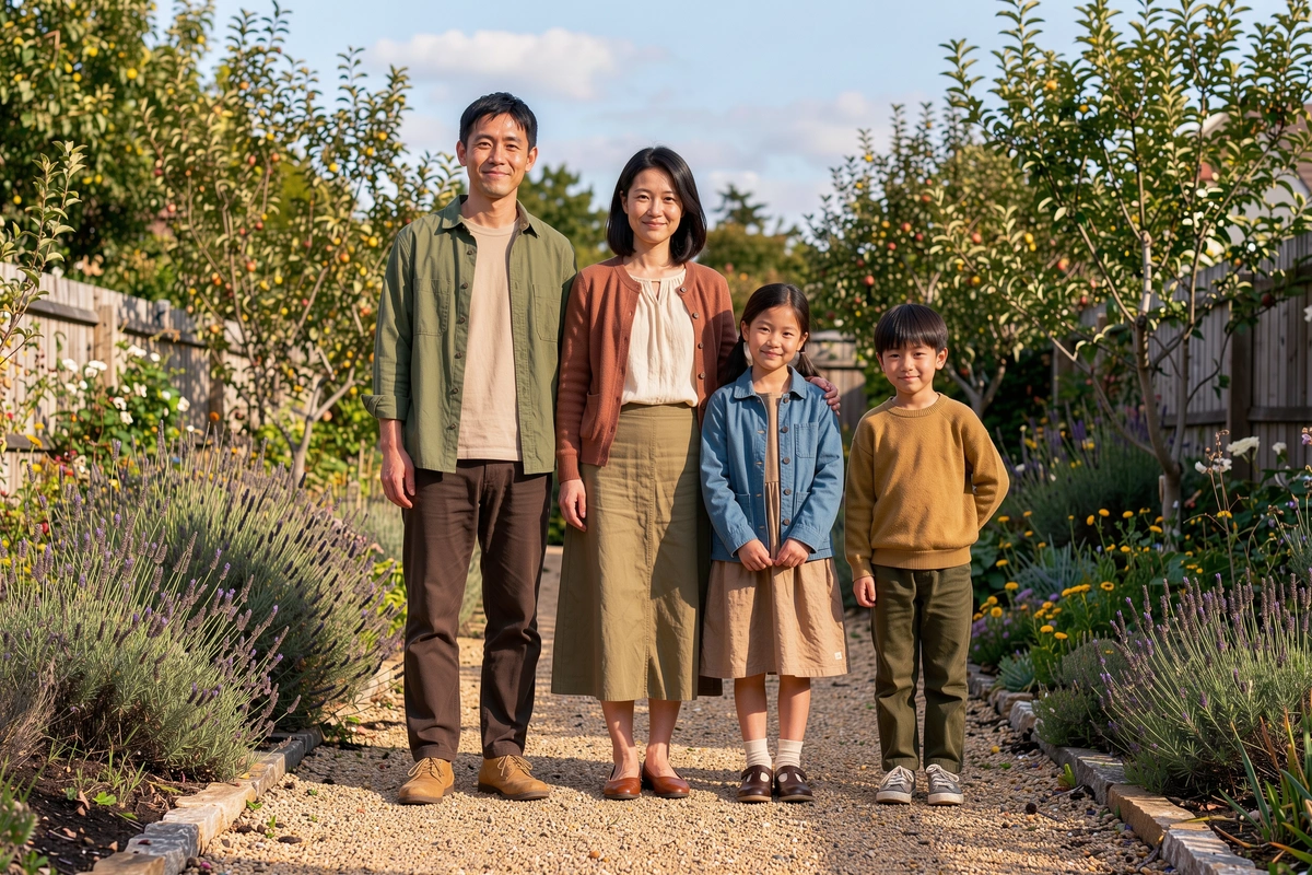 Input: two adults and two children standing on a garden path.