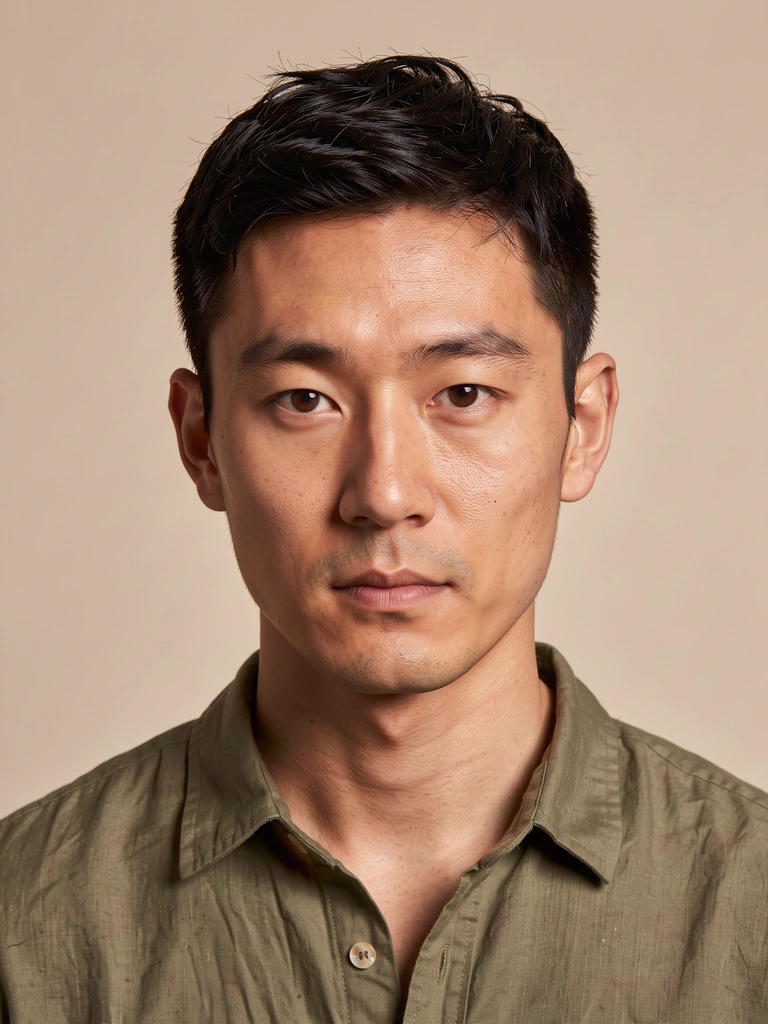 Input: man with short dark hair wearing a green shirt.