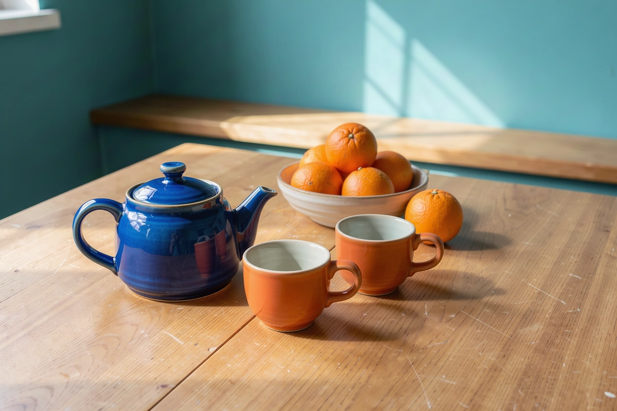 Input: blue teapot, orange cups and oranges on a wooden table.