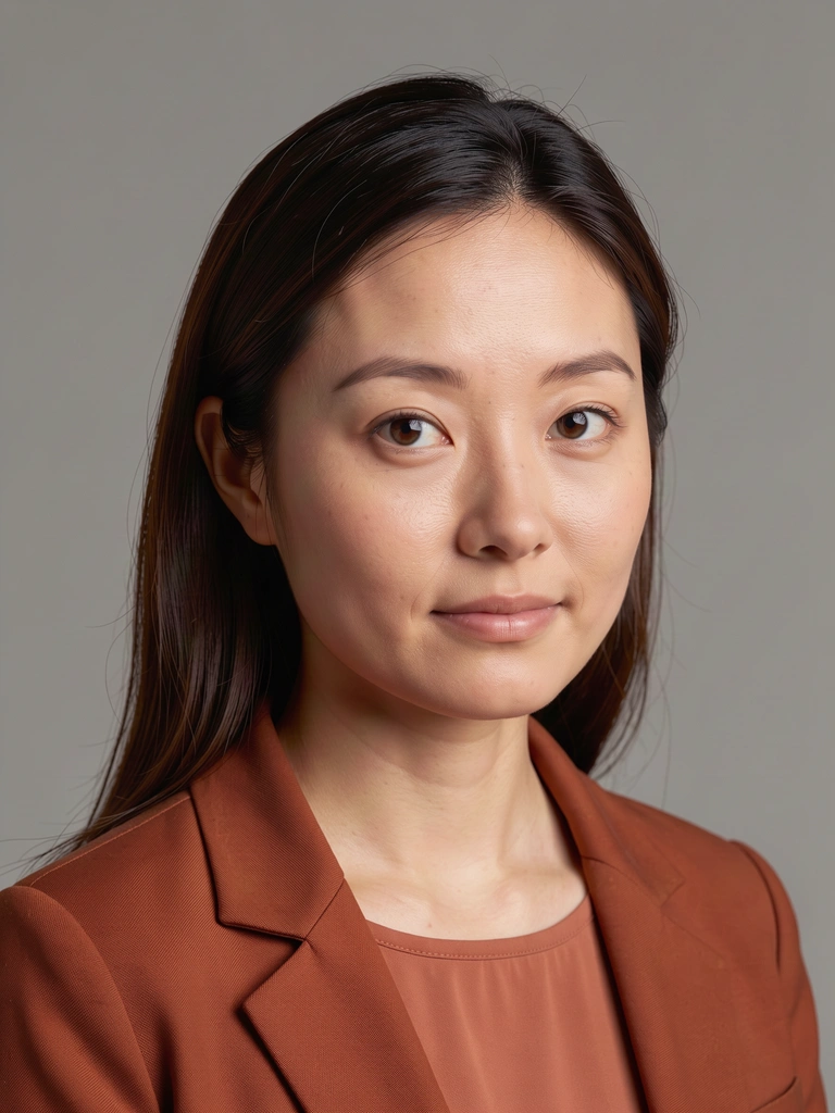 Input: woman with brown hair wearing a rust-colored jacket.