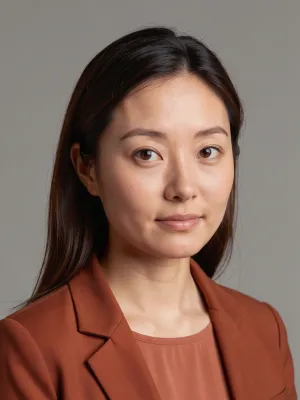 Input: low-resolution portrait of a woman in a rust-colored jacket.