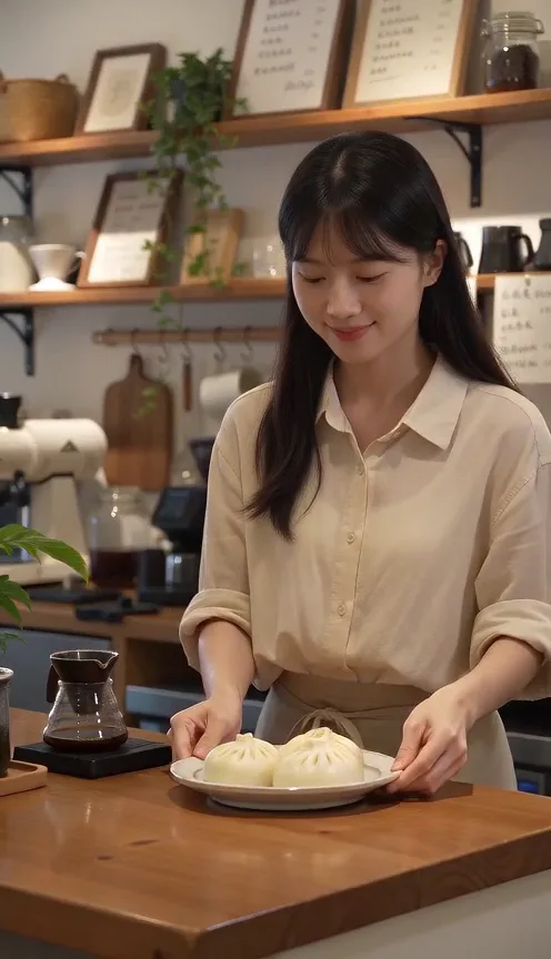 Second input: woman serving dumplings at a cafe counter.