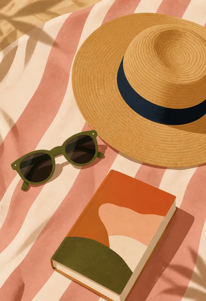 Input: sunglasses, a straw hat and a book on a striped blanket.