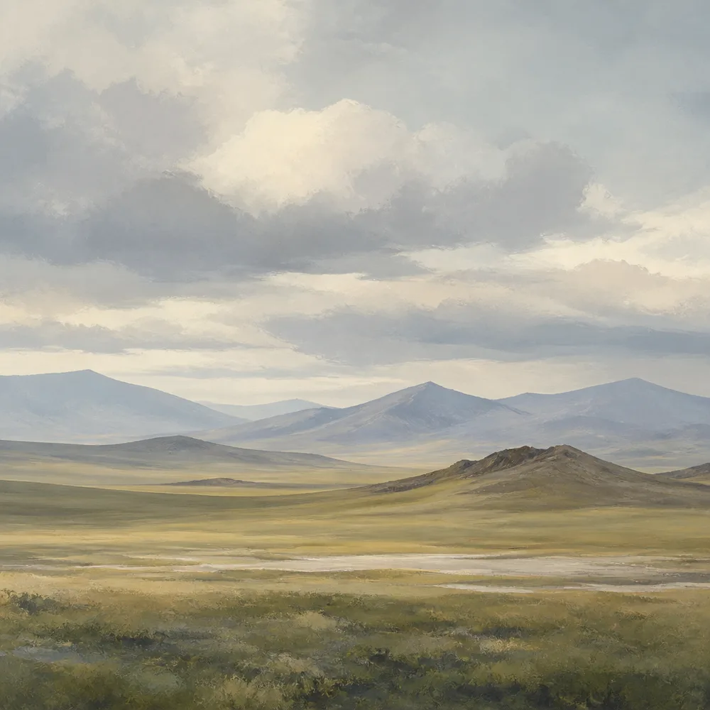 Input: grassy steppe and mountains beneath a cloudy sky.