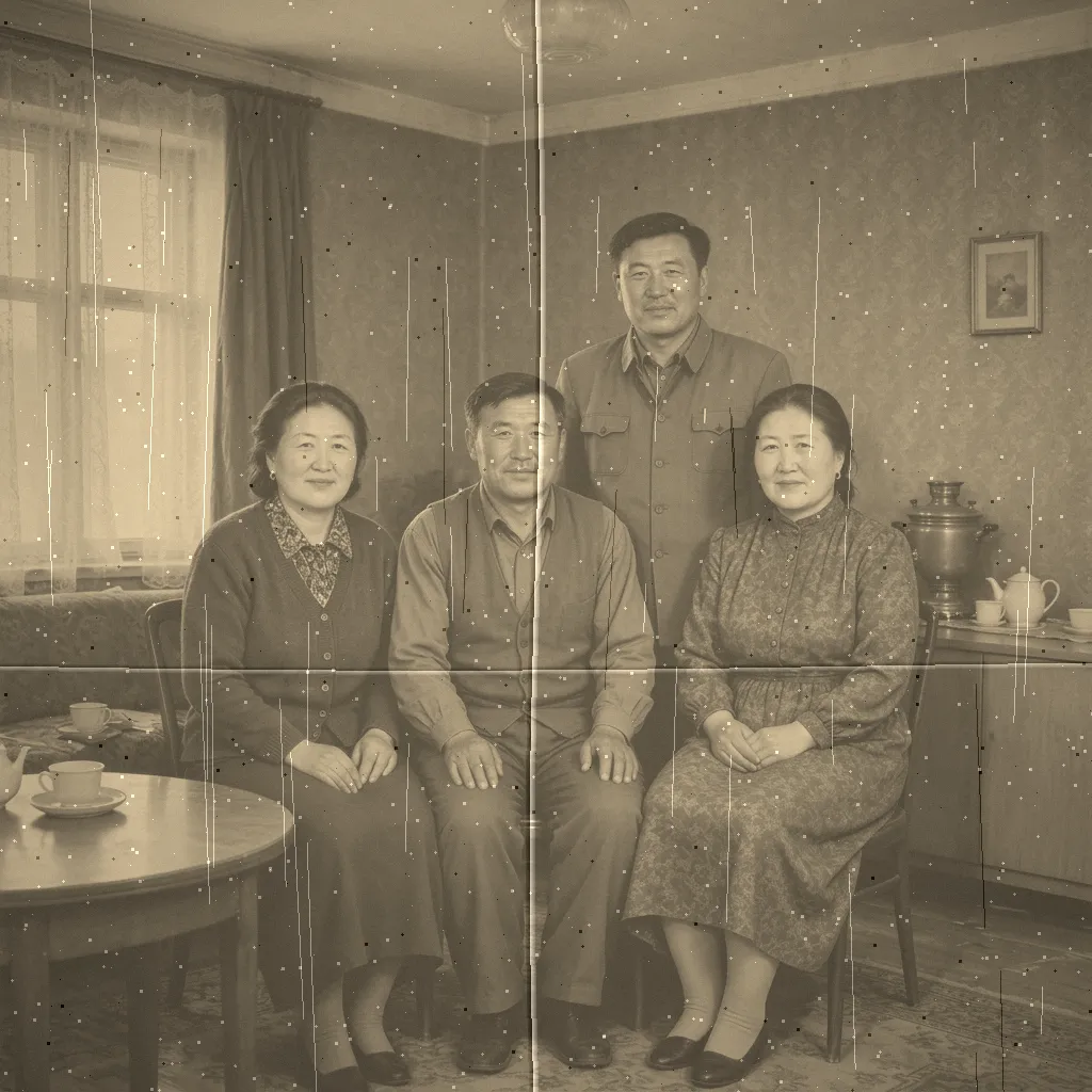 Input: scratched sepia photograph of four people indoors.